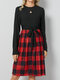 Leopard Check Stitch Bowknot Long Sleeve Crew Neck Dress - Red