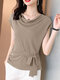 Solid Cowl Neck Short Sleeve Bowknot Blouse - Apricot