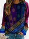 Ethnic Print O-neck Long Sleeve Regular Plus Size Sweatshirt - Blue