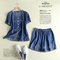 Fn-362 Season Casual Day Silk Cotton Jeans Set Embroidery Shirt + Shorts Two-piece - Dark Blue