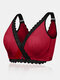 Women Lace Trim Wireless Breathable Push Up Full Coverage Comfy Bra - Wine Red