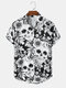 Mens All Over Skull Floral Print Lapel Short Sleeve Halloween Shirts - Black