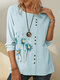 Button Daisy Flower Print Long Sleeve Casual Blouse For Women - Sky Blue