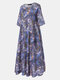 Floral Print Short Sleeve Plus Size Vintage Dress with Pockets - Blue