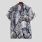 Mens Animal Printing Patchwork Chest Pocket Turn Down Collar Short Sleeve Shirts - Blue