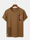 Mens Floral Chinese Character Print Crew Neck Short Sleeve T-Shirts - Brown