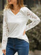 Women Solid Color V-neck Lace Patchwork Button Long Sleeve T-Shirt - White
