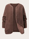 Plus Size Solid Color Pocket Button Women Teddy Coat - Brown