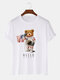 Mens Cartoon Astronaut Bear Print Cotton Short Sleeve Casual T-Shirt - White