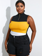 Patchwork Zip Front Sleeveless Plus Size Tank Top - Yellow