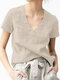 Camiseta de algodão casual de manga curta com decote em V liso - Bege