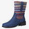 LOSTISY Pattern Splicing Suede Mid Calf Block Casual Boots - Blue