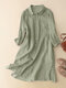 Женский однотонный хлопок на пуговицах с лацканами спереди Рубашка Платье - Зеленый