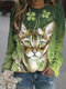 Forest Cat Print O-neck Vintage Long Sleeve Plus Size Sweatshirt - Green