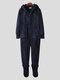 Men Flannel Thick Plain Footed Onesies Loungewear Thermal Thumb Holes Hooded Footed Jumpsuit Pajamas With Socks - Navy