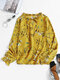 Floral Print Long Sleeve Fungus Knotted V-neck Blouse - Yellow