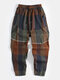 Mens Vintage Plaid Linen Casual Cropped Harem Pants With Pocket - Coffee