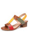 LOSTISY Color Block T Shape Opened Toe Elastic Band Chunky Heel Sandals - Brown