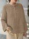 Solid Long Sleeve Button Front Crew Neck Blouse - بنى