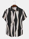 Mens Wave Striped Button Up Daily Short Sleeve Shirts - Black