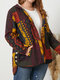 Plus Size Ethnic Pattern Patchwork Button Thermal Lined Coat - Black