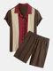Mens Color Block Patchwork Revere Collar 100% Cotton Two Pieces Outfits - Coffee