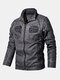 Mens Washed Vintage Multi-Pocket Zipper Lapel Winter Thicken PU Leather Jacket - Gray