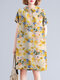 Women Allover Watercolor Floral Print Lapel Short Sleeve Dress - Yellow
