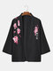 Mens Cherry Blossoms Japanese Print Open Front Loose Black Kimono - Black