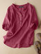 Women Plain Frill Neck Half Button Cotton 3/4 Sleeve Blouse - Dark Pink
