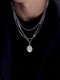 Trendy Simple Carved Human Face Round Pendant Multi-layer Snake Bone Chain Titanium Steel Necklace - Silver