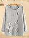 Flower Printed Long Sleeve O-neck Button Blouse For Women - Grey