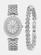 2 Pcs/Set Women Trendy Full Rhinestone Lace Oval-shaped Dial Watch Decorated Pointer Quartz Watch Full Rhinestones Bracelet - Silver