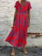 Women Allover Floral Print V-neck Short Sleeve Dress - Red