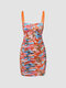 Random Allover Geo Pattern Open Back Plastic Strap Mini Dress - Orange