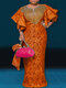 Plus Size Women Floral Print Notched Neck Maxi Dress - Orange