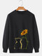 Mens Cat Sunflower Print Crew Neck Pullover Sweatshirts - Black