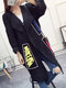 Knited Letters Patch Long Sweater Cardigan - Black
