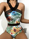 Women Holiday Plants Print Striped Mesh Slimming One Piece Swimsuit - White