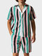 Mens Striped Revere Collar Short Sleeve Two Pieces Outfits - Cyan