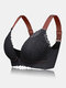 Women Front Closure Contrast Lace Jacquard Seamless Wireless Breathable Bra - Black