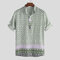 Mens Ethnic Style Printed Stand Collar Half Sleeve Loose Casual Henley shirts - Green