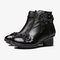 SOCOFY Retro Genuine Leather Stitching Solid Color Handmade Flowers Soft Low Heel Short Boots - Black