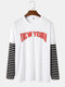 Mens 100% Cotton Letter Print Round Neck Striped Stitching Long Sleeve T-Shirts - White