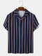 Mens Vertical Striped Revere Collar Button Up Short Sleeve Shirts - Navy