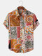 Mens Ethnic Pattern Print Button Up Vintage Short Sleeve Shirts - Orange
