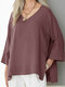 Casual Solid Color Split V-neck Loose Plus Size Blouse - Wine Red