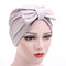 Women Satin Solid Color Big Bowknot Muslim Beanie Hat Four Seasons Suitable Casual Turban Cap - Grey