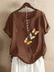 Camiseta de manga corta con cuello redondo y estampado de mariposas Plus - café