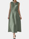 Lace Patch Round V-neck Pocket Sleeveles Cotton Dress With Belt - Green
